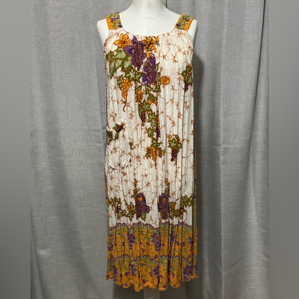 Batik Dress-Sz S/M-Cotton Blend Popover Style-Boho Chic Casual - Picture 2 of 15
